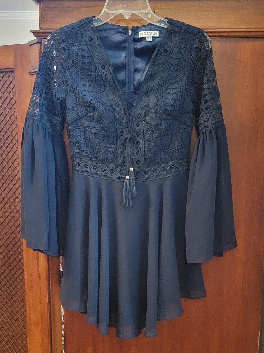 Two Sisters | Alyse Navy Blue Mini Dress Lace Bodice Bell Sleeves - Size US 4